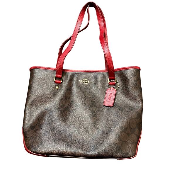 Coach‎ Signature Zip Top Tote Shoulder Handbag F34603 Red Brown Leather Trim Bag - Picture 1 of 13